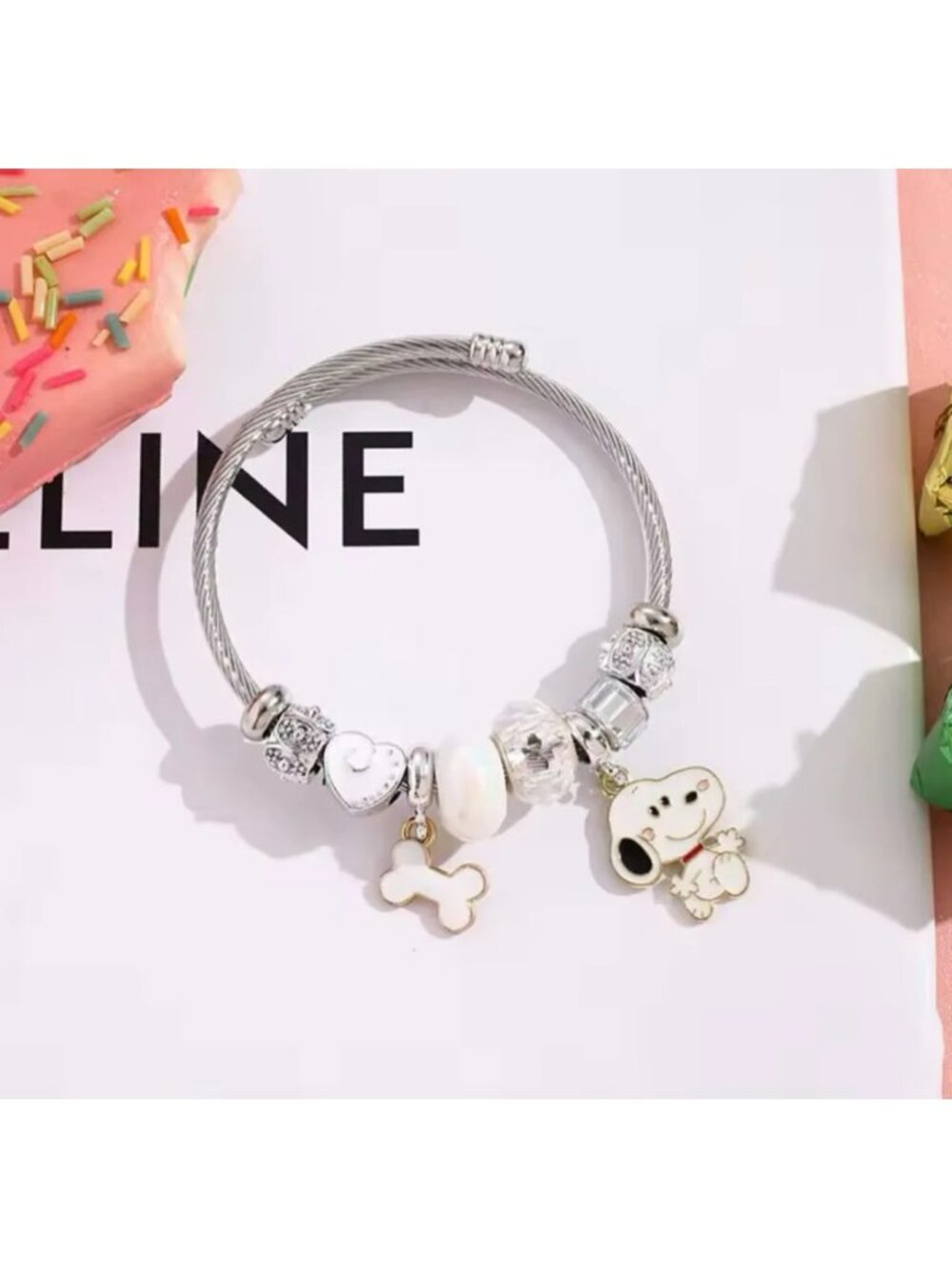 Cute Snoopy Dog & Bone Charm Beaded Bracelet – Adjustable Cartoon Heart Jewelry